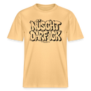 Berlin Shirt „NÜSCHT DARF ICK“ in hellgelb als relaxed fit Bio Unisex T‑Shirt mit großer schwarzer Bubble-Schrift im Berliner Schnauze Stil vorne