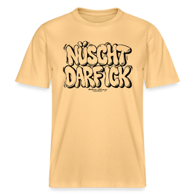 Berlin Shirt „NÜSCHT DARF ICK“ in hellgelb als relaxed fit Bio Unisex T‑Shirt mit großer schwarzer Bubble-Schrift im Berliner Schnauze Stil vorne