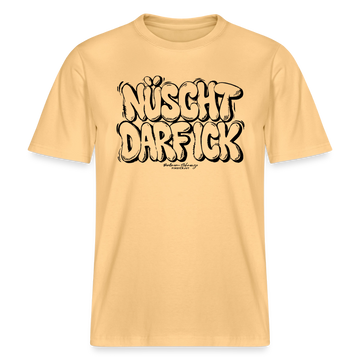 Berlin Shirt „NÜSCHT DARF ICK“ in hellgelb als relaxed fit Bio Unisex T‑Shirt mit großer schwarzer Bubble-Schrift im Berliner Schnauze Stil vorne