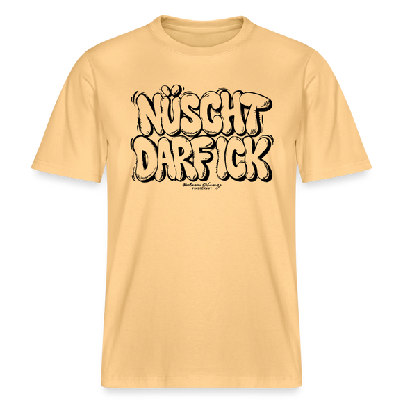 Berlin Shirt „NÜSCHT DARF ICK“ in hellgelb als relaxed fit Bio Unisex T‑Shirt mit großer schwarzer Bubble-Schrift im Berliner Schnauze Stil vorne
