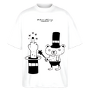 Weißes Oversized Berlin Shirt „OHNE WORTE“ mit gezeichnetem Bären als Zauberer und Mittelfinger, der aus einem Zauberhut erscheint.