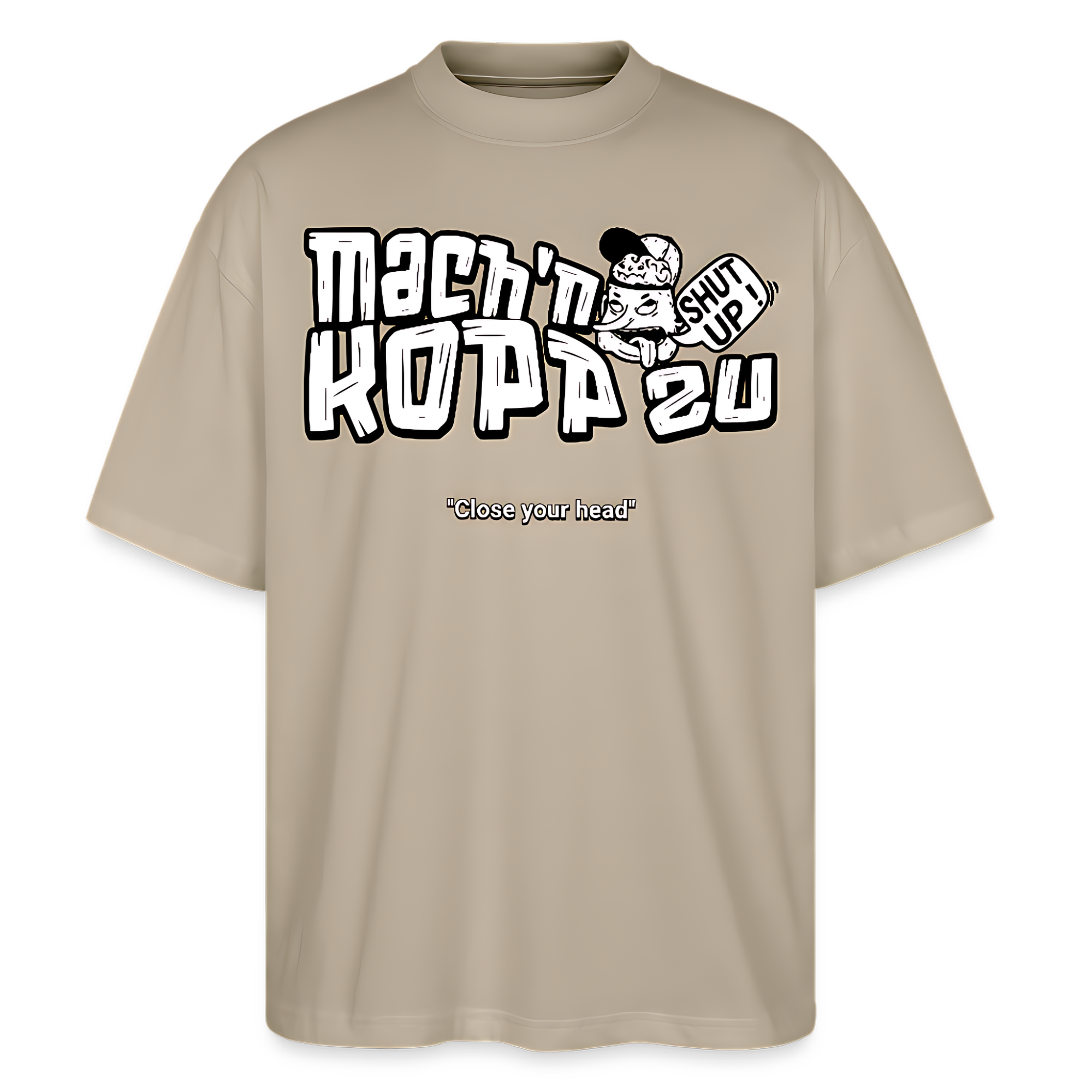 steingraues, oversize geschnittenes Bio-Unisex Berlin Shirt mit weißem Frontdruck „Mach’n Kopp zu“, Illustration mit Comic-Kopf und „Shut Up“-Schild, darunter „Close your head“, Rundhalsausschnitt, zentral platzierter Berliner Spruch für Streetwear und Dialekt-Liebhaber