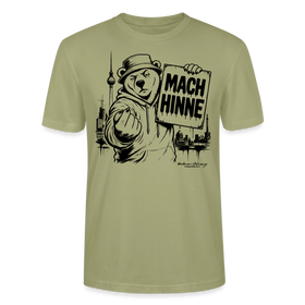 Nebelgrünes Berlin T-Shirt mit MACH HINNE Schriftzug, Berliner Bär, Fernsehturm und Berlin Skyline