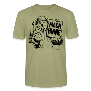 Nebelgrünes Berlin T-Shirt mit MACH HINNE Schriftzug, Berliner Bär, Fernsehturm und Berlin Skyline