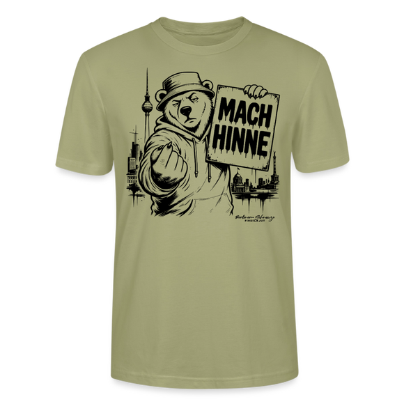 Nebelgrünes Berlin T-Shirt mit MACH HINNE Schriftzug, Berliner Bär, Fernsehturm und Berlin Skyline