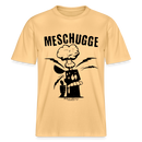 Berlin Shirt- hellgelbes T-Shirt mit großem schwarzen Schriftzug "MESCHUGGE" und comicartiger Figur, der vor Aufregung der Kopf explodiert, im Berliner Schnauze Stil