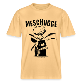 Berlin Shirt- hellgelbes T-Shirt mit großem schwarzen Schriftzug "MESCHUGGE" und comicartiger Figur, der vor Aufregung der Kopf explodiert, im Berliner Schnauze Stil