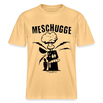 Berlin Shirt- hellgelbes T-Shirt mit großem schwarzen Schriftzug "MESCHUGGE" und comicartiger Figur, der vor Aufregung der Kopf explodiert, im Berliner Schnauze Stil