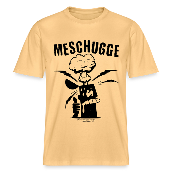 Berlin Shirt- hellgelbes T-Shirt mit großem schwarzen Schriftzug "MESCHUGGE" und comicartiger Figur, der vor Aufregung der Kopf explodiert, im Berliner Schnauze Stil