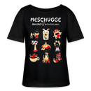 Schwarzes Damen T-Shirt mit lockerem Rundhalsausschnitt, weissem Brust -Print „MESCHUGGE Na und!? Dit fetzt urst.“ Darunter neun verrückte Motive. aus 100% Bio-Baumwolle gefertigt, Berliner Design für humorvolle Frauen.