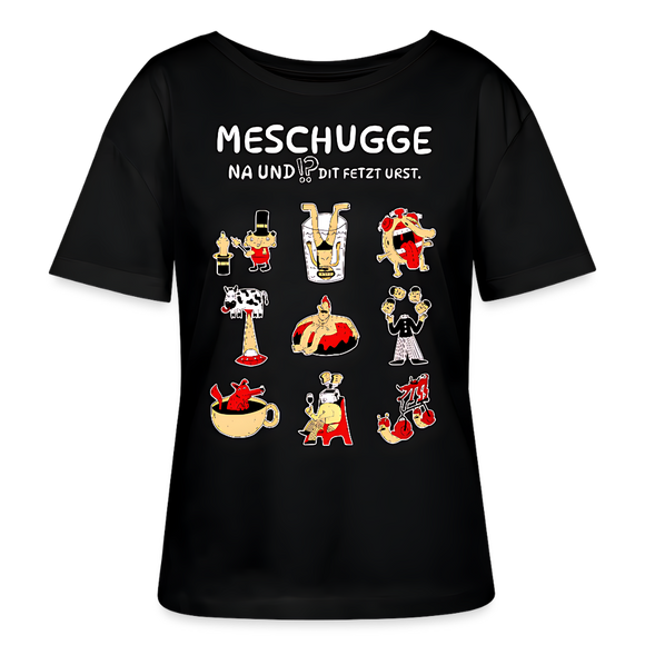 Schwarzes Damen T-Shirt mit lockerem Rundhalsausschnitt, weissem Brust -Print „MESCHUGGE Na und!? Dit fetzt urst.“ Darunter neun verrückte Motive. aus 100% Bio-Baumwolle gefertigt, Berliner Design für humorvolle Frauen.
