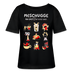 Schwarzes Damen T-Shirt mit lockerem Rundhalsausschnitt, weissem Brust -Print „MESCHUGGE Na und!? Dit fetzt urst.“ Darunter neun verrückte Motive. aus 100% Bio-Baumwolle gefertigt, Berliner Design für humorvolle Frauen.