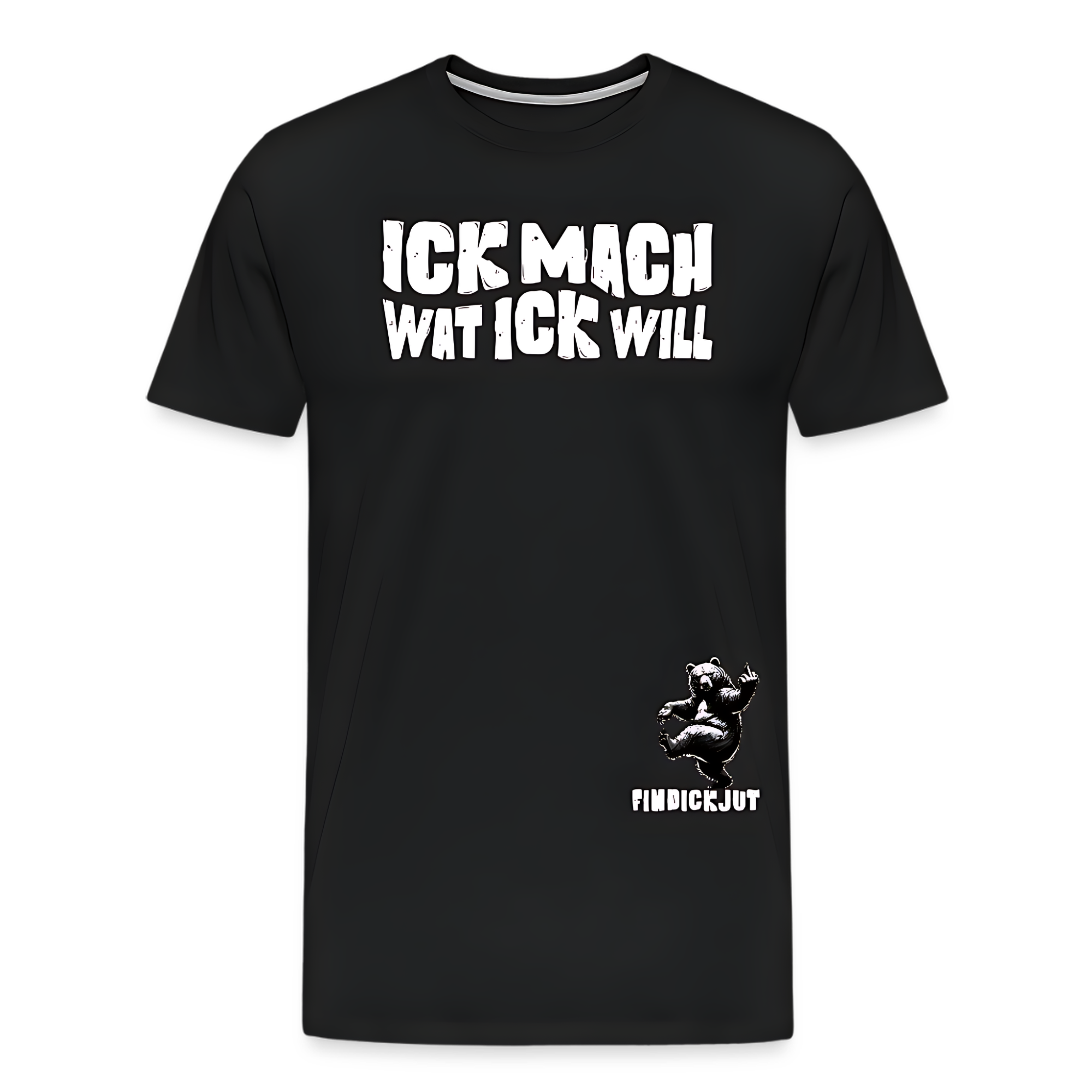 Berlin Shirt Herren, schwarzes T‑Shirt mit „ICK MACH WAT ICK WILL“ als grosses Brustprint und kleinesBär‑Logo von FINDICKJUT