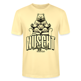 Berlin T-Shirt in zartem creme-gelb mit meditierendem Bären und Aufdruck „Nüscht muss ick“ im Berliner Dialekt, Streetwear-Design von findICKjut