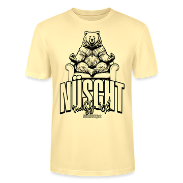 Berlin T-Shirt in zartem creme-gelb mit meditierendem Bären und Aufdruck „Nüscht muss ick“ im Berliner Dialekt, Streetwear-Design von findICKjut
