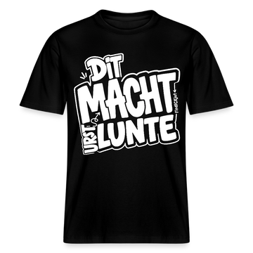 schwarzes Relaxed Fit Unisex Bio‑T‑Shirt mit weissem Typo-Print im Comic-Stil „DIT MACHT URST LUNTE“ – Berlin Shirt mit Berliner Schnauze