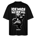 Berlin Shirt: schwarzes Oversized Unisex T‑Shirt mit Spruch inBerliner Schnauze„ICK MACH WAT ICK WILL“ und tanzendem Bären mit erhobenem Mittelfinger-100% Bio‑Baumwolle, Rundhals, weite Ärmel.
