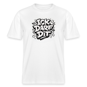 Berlin Statement Shirt-: „ICK DARF DIT“ im Comic/Cartoon-Look, schwarzer Frontdruck auf Weiß.