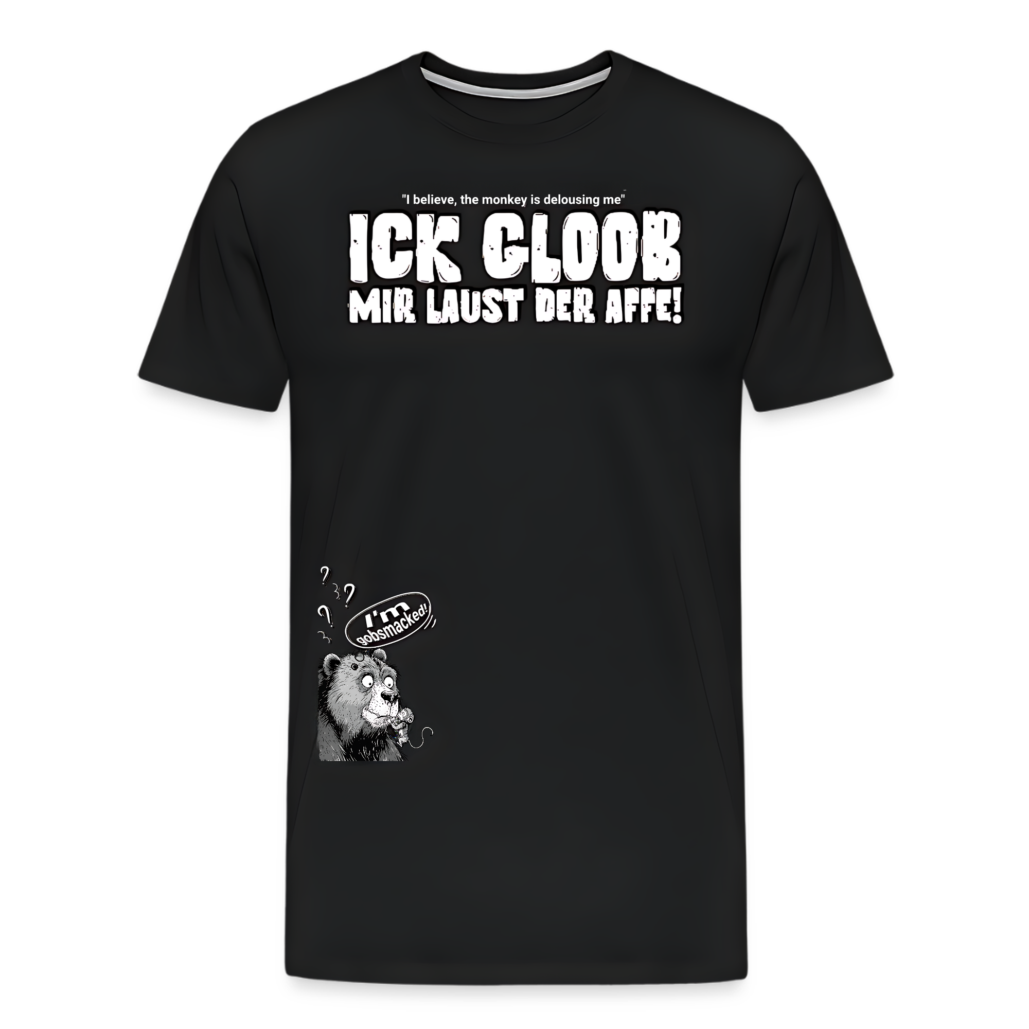 Berlin Shirt für Männer mit dem Berliner Spruch „Ick gloob mir laust der Affe!“ und Affen-Illustration auf schwarzem Bio-T-Shirt