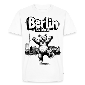 weisses Männer Premium Bio T‑Shirt mit Print „BERLIN ICK LIEBE DIR“, tanzender Berliner Bär und Berliner Skyline/Fernsehturm, Häuser und die Spree (Berlin Souvenir 2026)