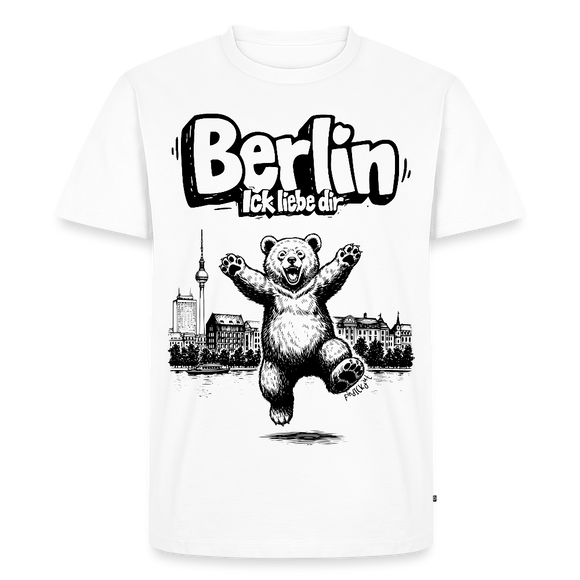 weisses Männer Premium Bio T‑Shirt mit Print „BERLIN ICK LIEBE DIR“, tanzender Berliner Bär und Berliner Skyline/Fernsehturm, Häuser und die Spree (Berlin Souvenir 2026)