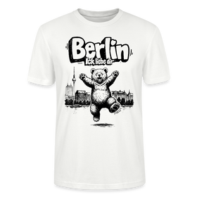 Berlin Souvenir 2026 Motiv auf weißem Unisex Shirt: „Berlin ick liebe dir“ Schriftzug- Berliner Bär mit freudig erhobenen Pfoten, Skyline, Fernsehturm und Spree als City‑Illustration, hinter dem Bären
