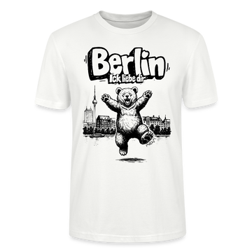 Berlin Souvenir 2026 Motiv auf weißem Unisex Shirt: „Berlin ick liebe dir“ Schriftzug- Berliner Bär mit freudig erhobenen Pfoten, Skyline, Fernsehturm und Spree als City‑Illustration, hinter dem Bären
