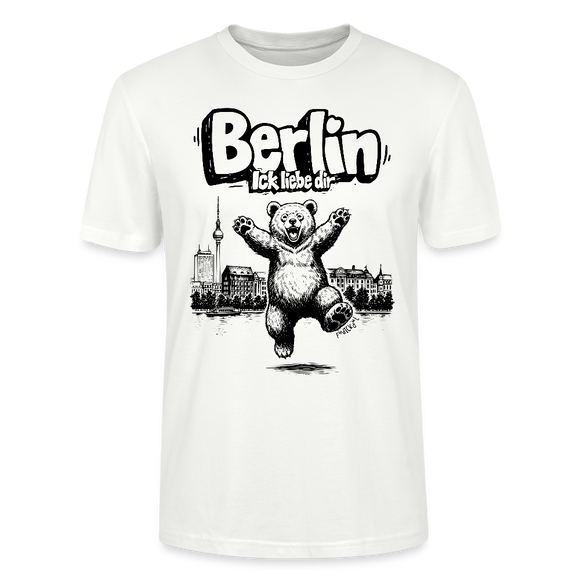 Berlin Souvenir 2026 Motiv auf weißem Unisex Shirt: „Berlin ick liebe dir“ Schriftzug- Berliner Bär mit freudig erhobenen Pfoten, Skyline, Fernsehturm und Spree als City‑Illustration, hinter dem Bären
