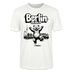 Berlin Souvenir 2026 Motiv auf weißem Unisex Shirt: „Berlin ick liebe dir“ Schriftzug- Berliner Bär mit freudig erhobenen Pfoten, Skyline, Fernsehturm und Spree als City‑Illustration, hinter dem Bären
