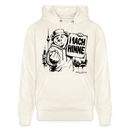 Naturweisser Unisex Bio-Hoodie mit MACH HINNE Schriftzug in einem Schild, gehalten vom Berliner Bär, vor dem Fernsehturm und Berlin Skyline