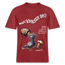 erdrotes Unisex Bio T-Shirt mit Berliner Spruch „Wat kiekstn so?“ und lustige Motiv einer beschwipsten Taube– typischer Hauptstadt Humor in frechem Design