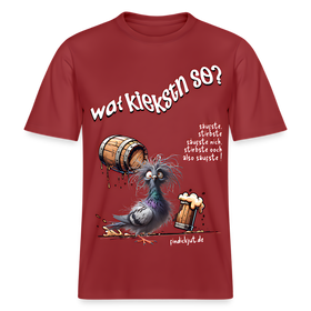 erdrotes Unisex Bio T-Shirt mit Berliner Spruch „Wat kiekstn so?“ und lustige Motiv einer beschwipsten Taube– typischer Hauptstadt Humor in frechem Design