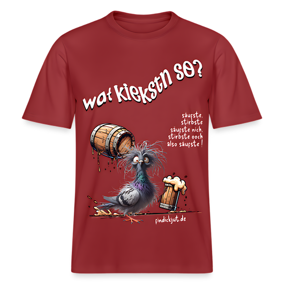 erdrotes Unisex Bio T-Shirt mit Berliner Spruch „Wat kiekstn so?“ und lustige Motiv einer beschwipsten Taube– typischer Hauptstadt Humor in frechem Design