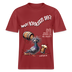 erdrotes Unisex Bio T-Shirt mit Berliner Spruch „Wat kiekstn so?“ und lustige Motiv einer beschwipsten Taube– typischer Hauptstadt Humor in frechem Design
