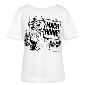 Weißes Frauen Berlin Bio-T-Shirt mit MACH HINNE Schriftzug, Berliner Bär, Fernsehturm und Berlin Skyline