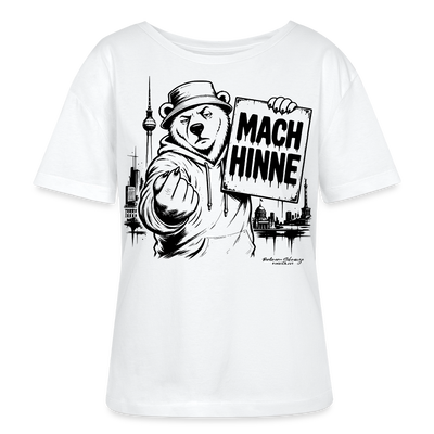 Weißes Frauen Berlin Bio-T-Shirt mit MACH HINNE Schriftzug, Berliner Bär, Fernsehturm und Berlin Skyline