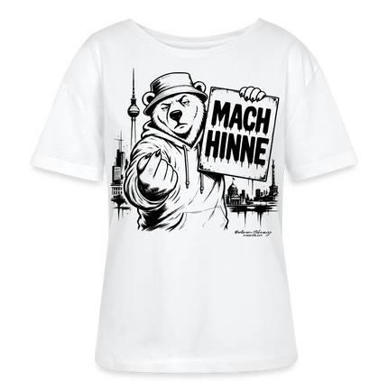Weißes Frauen Berlin Bio-T-Shirt mit MACH HINNE Schriftzug, Berliner Bär, Fernsehturm und Berlin Skyline