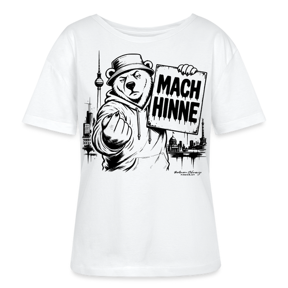 Weißes Frauen Berlin Bio-T-Shirt mit MACH HINNE Schriftzug, Berliner Bär, Fernsehturm und Berlin Skyline
