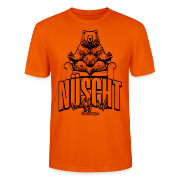 Berlin T-Shirt in kräftigem Orange mit Berliner-Schnauze-Spruch „Nüscht muss ick“ und einem entspannten Bären auf einem Sessel – perfektes Motiv für Fans von Berlin und lockerer Berliner Attitüde.