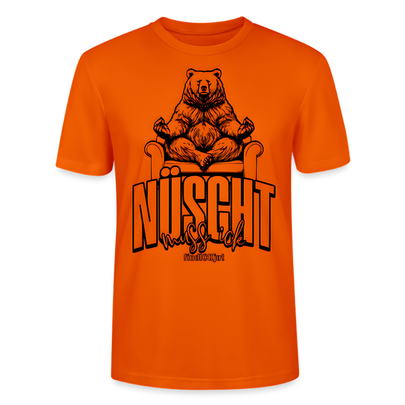 Berlin T-Shirt in kräftigem Orange mit Berliner-Schnauze-Spruch „Nüscht muss ick“ und einem entspannten Bären auf einem Sessel – perfektes Motiv für Fans von Berlin und lockerer Berliner Attitüde.