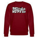 burgunderroter Bio unisex Sweater mit Berliner Spruch „Mach’n Kopp zu“ und Comic-Grafik „Shut up!“, vor weißem Hintergrund stehend.