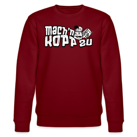 burgunderroter Bio unisex Sweater mit Berliner Spruch „Mach’n Kopp zu“ und Comic-Grafik „Shut up!“, vor weißem Hintergrund stehend.