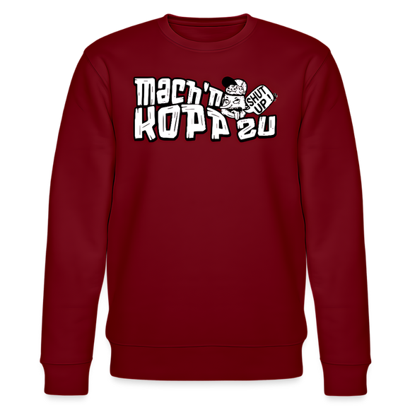 burgunderroter Bio unisex Sweater mit Berliner Spruch „Mach’n Kopp zu“ und Comic-Grafik „Shut up!“, vor weißem Hintergrund stehend.