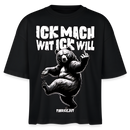 schwarzes boxy geschnittenes Frauen T-Shirt mit frechem Berliner Spruch "Ick mach wat ick will" und tanzendem Bären-Motiv mit erhobenen Mittelfinger, schwarz-weiß