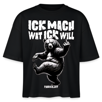schwarzes boxy geschnittenes Frauen T-Shirt mit frechem Berliner Spruch "Ick mach wat ick will" und tanzendem Bären-Motiv mit erhobenen Mittelfinger, schwarz-weiß