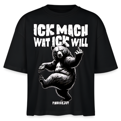 schwarzes boxy geschnittenes Frauen T-Shirt mit frechem Berliner Spruch "Ick mach wat ick will" und tanzendem Bären-Motiv mit erhobenen Mittelfinger, schwarz-weiß