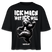 schwarzes boxy geschnittenes Frauen T-Shirt mit frechem Berliner Spruch "Ick mach wat ick will" und tanzendem Bären-Motiv mit erhobenen Mittelfinger, schwarz-weiß