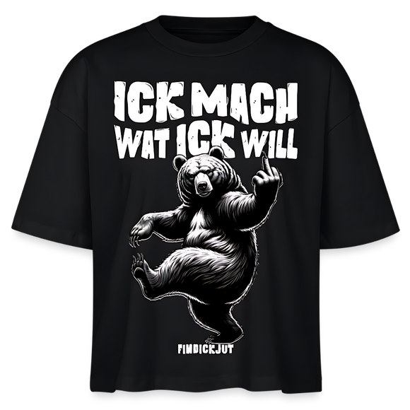 schwarzes boxy geschnittenes Frauen T-Shirt mit frechem Berliner Spruch "Ick mach wat ick will" und tanzendem Bären-Motiv mit erhobenen Mittelfinger, schwarz-weiß