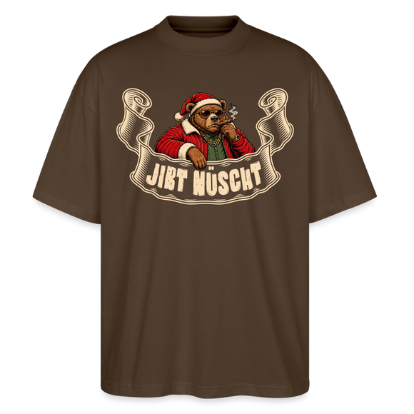 Berliner Bär mit Weihnachtsmütze, Sonnenbrille und Zigarre und dem Schriftzug "JIBT NÜSCHT" auf dem dunkelbraunen Oversized Unisex T-Shirt für Weihnachtsmuffel, aus 100% Bio Baumwolle