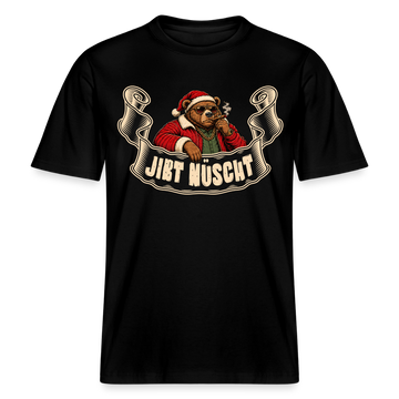 Berliner Bär mit Weihnachtsmütze, Sonnenbrille und Zigarre auf schwarzem, locker geschnittenen Organic T-Shirt-Design mit Schriftzug „JIBT NÜSCHT“